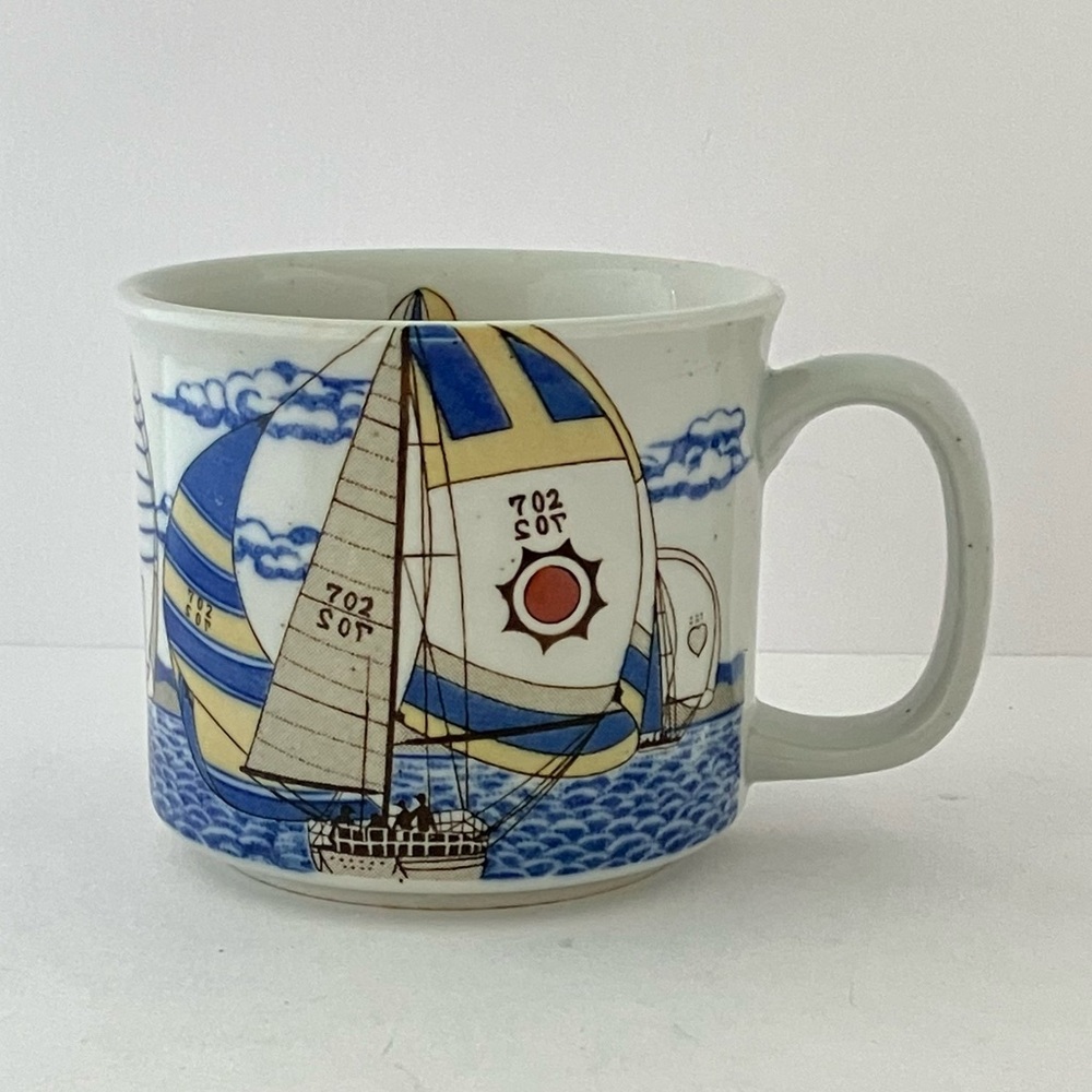 Vintage Ceramic Otagiri Sailboat Mug Nautical Blue & White With Ocean Scene Lake